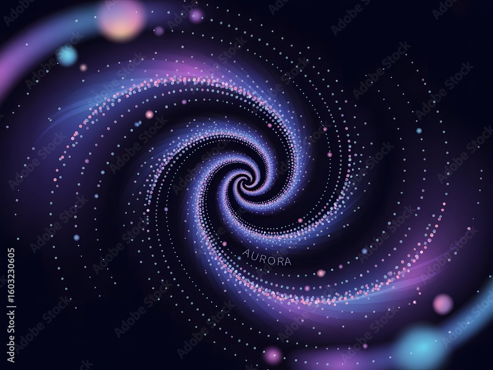 Poster abstract aurora borealis swirl with dotted lines and glowing orbs creating a mesmerizing cosmic vort
