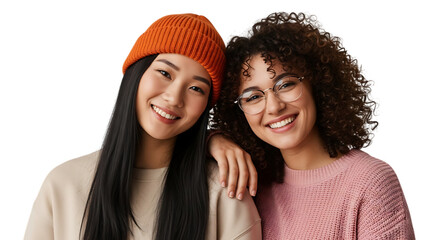 Two smiling young women friends isolated on transparent background