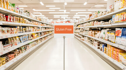 Fototapeta premium Grocery store aisle with gluten-free products. Convenient shopping for dietary needs, highlighting a gluten-free sign in a modern setting. Food for all!