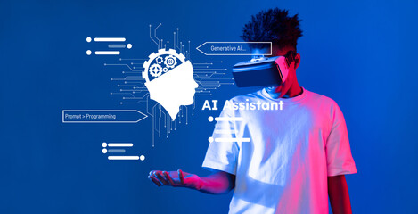 Innovative AI Assistant Concept with Virtual Reality and Mind Map Illustrations Showcasing Generative AI and Programming Elements in a Futuristic Setting XDMCP