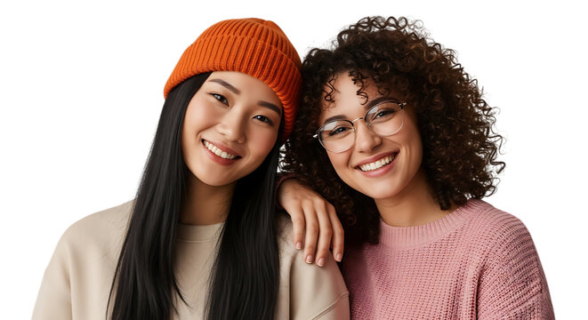 Two smiling young women friends isolated on transparent background - Powered by Adobe