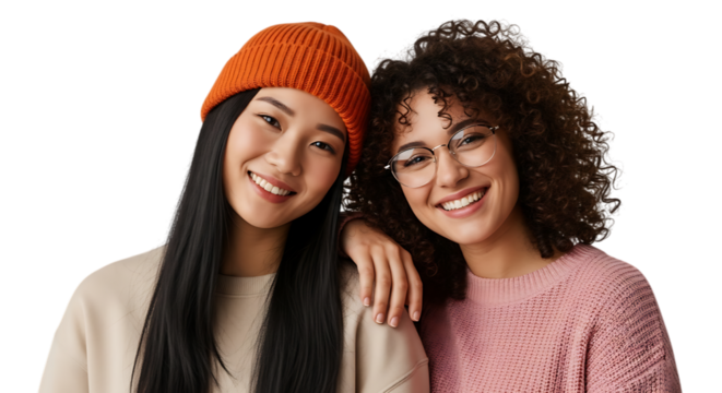 Two smiling young women friends isolated on transparent background