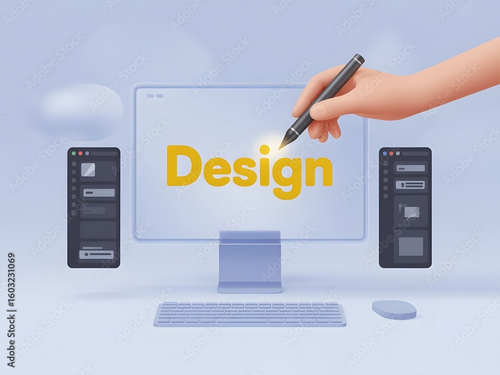 Poster 3d rendering illustration of a graphic designer s workspace with a computer monitor keyboard mouse a