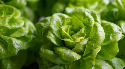 Close-Up of Fresh Butterhead Lettuce Leaves With Dewdrops Highlighting Their Vibrancy