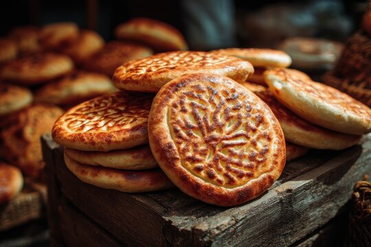 Detailed view and emphasis on classic Uzbek bread
