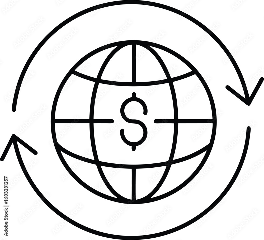 Poster line icon of a globe with dollar coin and arrows isolated on transparent background