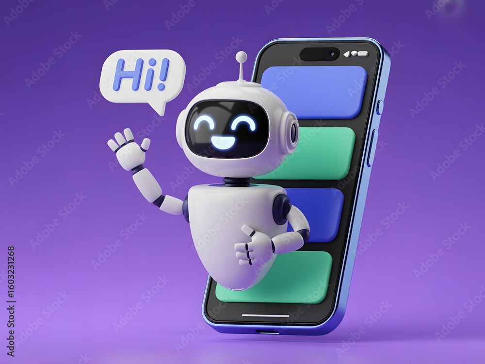 Poster friendly robot chatbot emerging from smartphone screen with a speech bubble saying hi on a solid pur