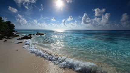 Fototapeta premium Stunning Tropical Beach Scene with Crystal Clear Waters Under a Bright Sun