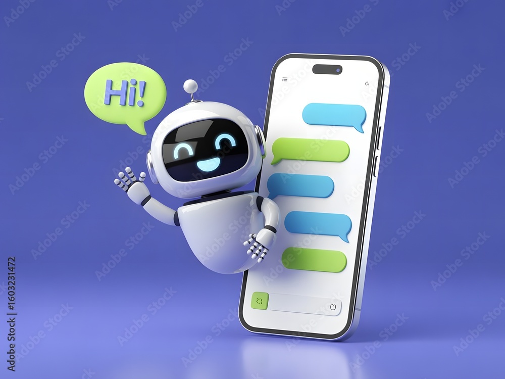 Poster friendly robot waving next to a smartphone with chat bubbles representing ai chatbot customer servic