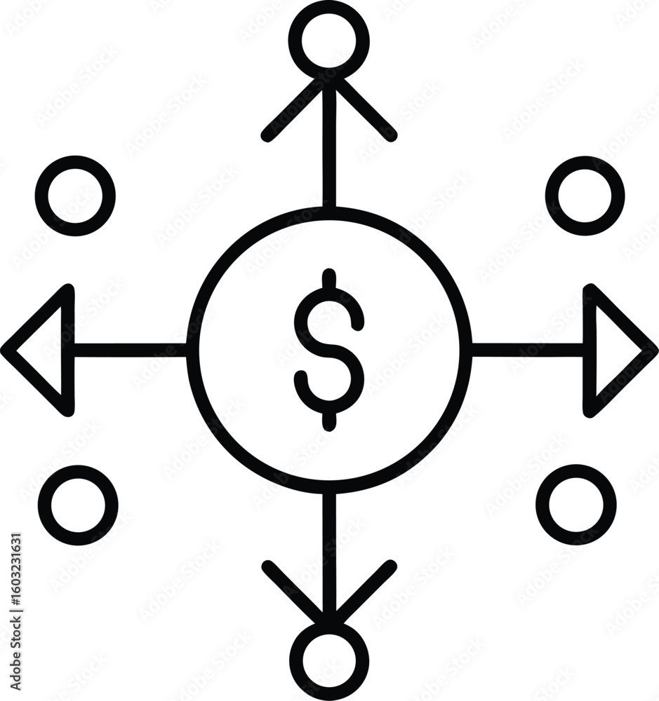 Poster line art dollar symbol with directional arrows isolated on transparent background