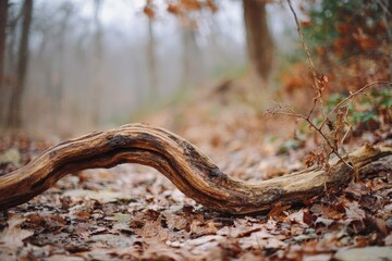 Fototapeta premium Detailed view of a curved brown branch on the ground