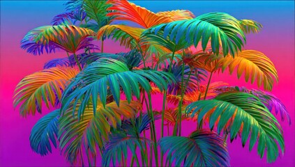 Vibrant tropical palm leaves in a colorful display.