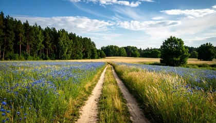 Obraz premium Country road through a field of wildflowers under a partly cloudy sky