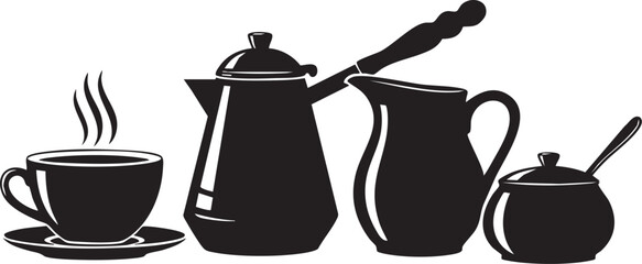 Create a coffee set  vector art silhouette with white background.