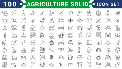 Sustainable agriculture solid icons set – eco-friendly farming, conservation, and gardening symbols: seedling, irrigation, organic, protection, recycling, watering can, pump, growth.