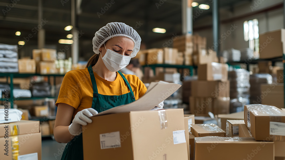 Poster worker in protective gear verifying stock information in a large warehouse, ensuring accuracy and sa