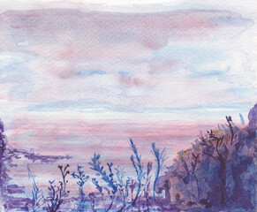 An expressionist rendition of a valley view from a hill with grasses below