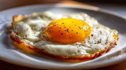 Crispy Fried Egg With Golden Yolk on White Plate in Morning Light