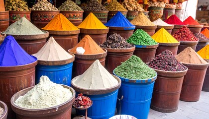 Vibrant assortment of spices at a Moroccan market creating colorful pyramids