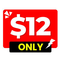 $12 only png, red colour price tag, round corner tag, soft red label.