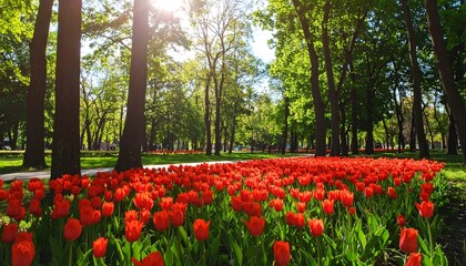 Vibrant display of red tulips blooming in a park on a sunny day atmosphere