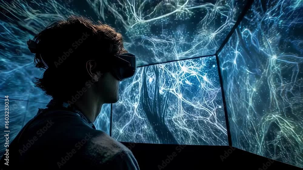 Poster scientist wearing virtual reality goggles examines intricate neuron connections displayed on large s