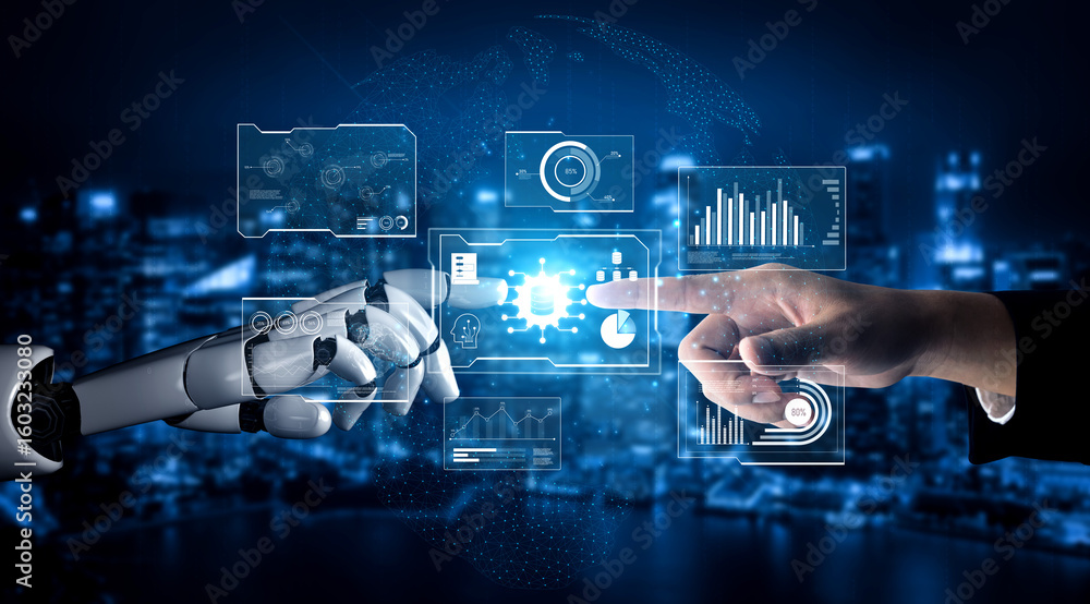 Poster ai reading big data visualization dashboard, analyzing insights, identifying patterns, and generatin