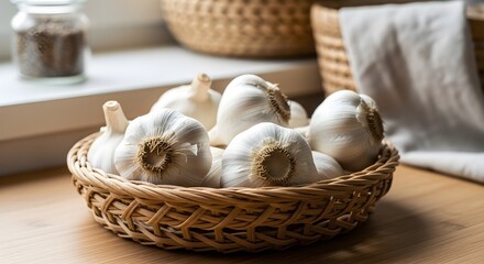 Fresh garlic bulbs in a woven basket on a wooden table. Healthy cooking ingredient and kitchen staple. Vegetable harvest for culinary use.