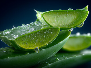 Close-Up of Aloe Vera Leaves with Glowing Gel and Dew Droplets