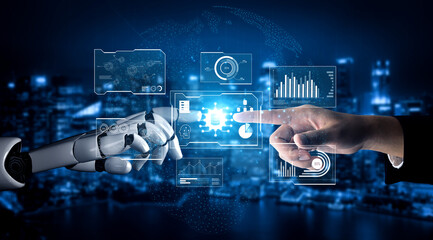 AI reading big data visualization dashboard, analyzing insights, identifying patterns, and...