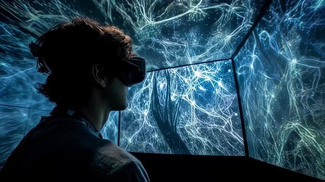 Scientist wearing virtual reality goggles examines intricate neuron connections displayed on large screens in a dark, futuristic laboratory, highlighting innovative neuroscience research - Powered by Adobe
