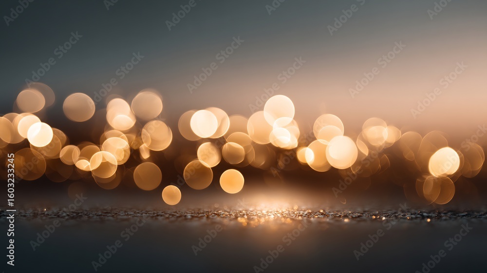 Poster abstract golden bokeh lights, creating a soft and festive ambiance on dark surface