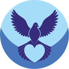 Obraz premium Dark blue dove with wings spread over light blue heart and background bird love