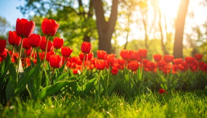 Vibrant red tulips blooming in a lush green field under the warm sunlight