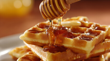 Golden Waffles Drizzled With Sweet Honey in a Mouthwatering Close-Up View