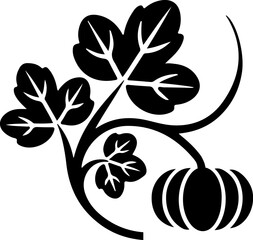 A minimalist logo design featuring Pumpkin Vine in a sleek silhouette vector style. The vine gracefully curves upward, displaying three vibrant green pumpkin leaves and a single nascent pumpkin. The