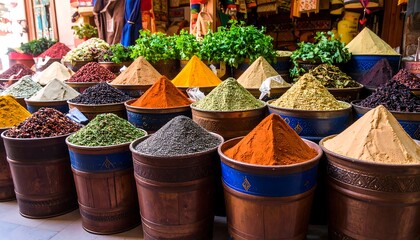 Vibrant Spice Market Display: An Array of Colorful Seasonings in Traditional Buckets