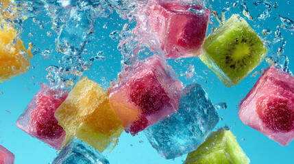Vibrant Fruit Ice Cubes Splashing in Crystal Clear Water