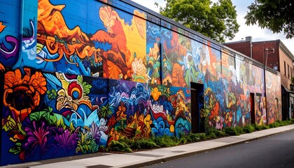Vibrant Street Art: Colorful Mural Adorns Building Exterior in Urban Landscape