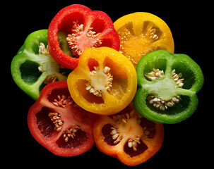 Close-Up of Colorful Bell Pepper Slices on a Black Background