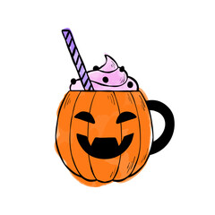 Ink and watercolor drawing of Jack-o'-lantern mug for Halloween sticker design, menu, card, or scrapbook. Vector illustration of party drink with whipped cream and straw isolated on white background.