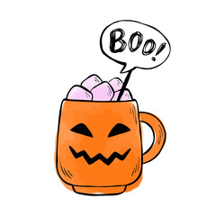 Vector watercolor drawing of Jack-o'-lantern mug for Halloween sticker, menu, card, or scrapbook. Illustration of hot drink with marshmallows and Boo bubble isolated on white background. 
