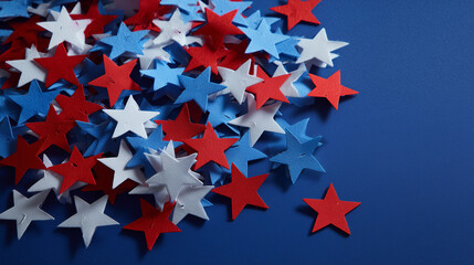 Colorful Red, White, and Blue Stars Scattered on Vibrant Blue Surface