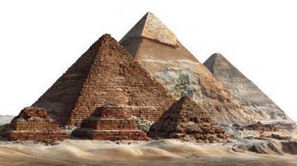 The iconic pyramids of giza ancient wonders of egypt stand as testaments to a rich and enduring historical legacy against a stark white backdrop isolated on transparent background