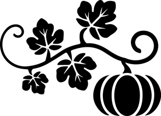  logo design featuring Pumpkin Vine in a sleek silhouette vector style The vine gracefully curves upward, displaying three vibrant green pumpkin leaves and a single nascent pumpkin