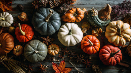 Vibrant Autumnal Display of Pumpkins with Rustic and Seasonal Decorations