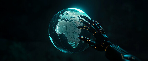 Robotic Hand Interacting with Digital Globe in Futuristic Environment