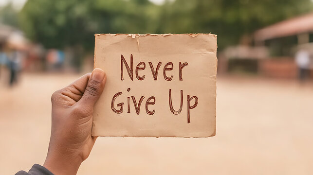 Hand holding a sign with "Never Give Up" text for motivation and resilience, a symbol of perseverance, hope, and encouragement during challenges.