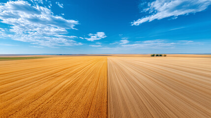 Expansive Wheat Field Under a Clear Sky With Contrasting Harvest Shades