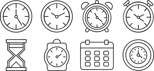 Isolated black schedule and timing icons, calendar with date, alarm notification, countdown hourglass, stopwatch, deadline planner, time tools vector
